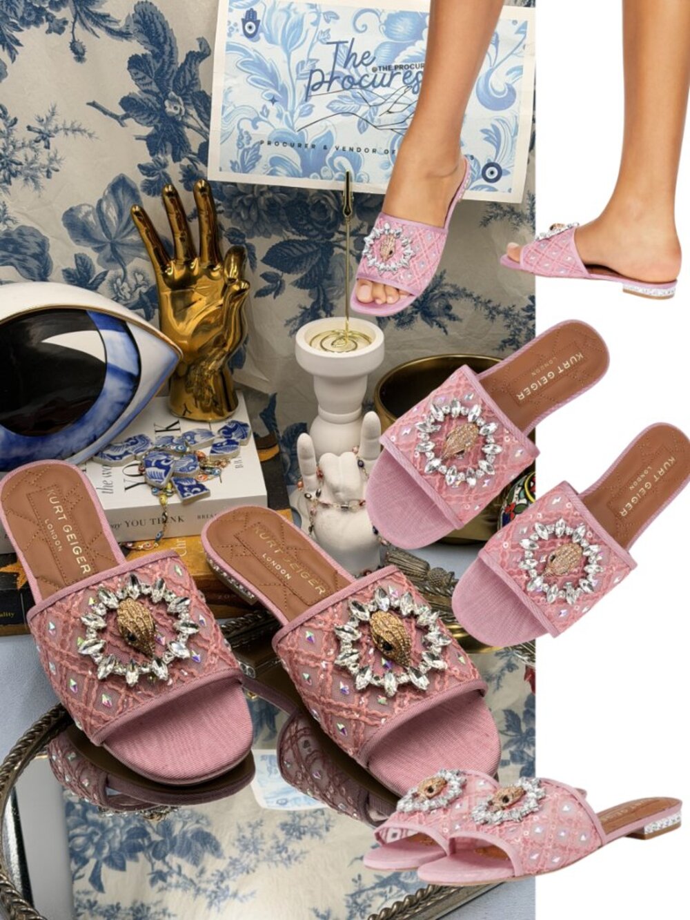 🆕 KURT GEIGER LONDON 🧿 NWOB Chelsea Flat Sandal, Pink Mesh Crystal, Sz 37 US 7 - Picture 2 of 14